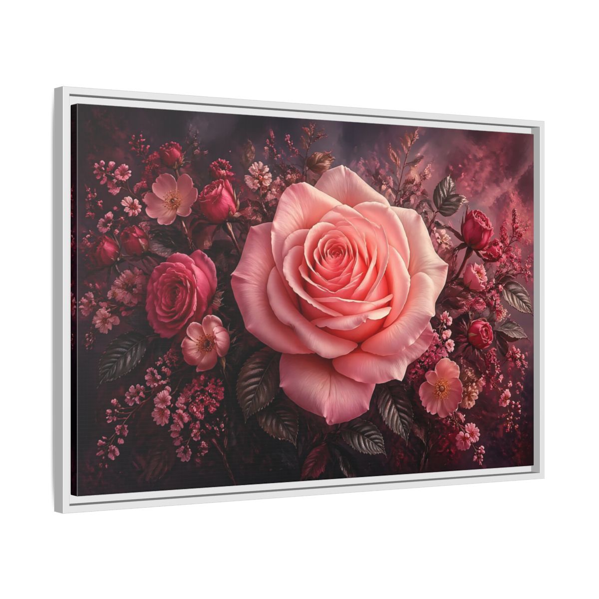 Side Mockup 9. Floral Pink Rose Pink Floral shown as stretched canvas wall art