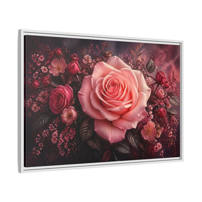 Side Mockup 9. Floral Pink Rose Pink Floral shown as stretched canvas wall art