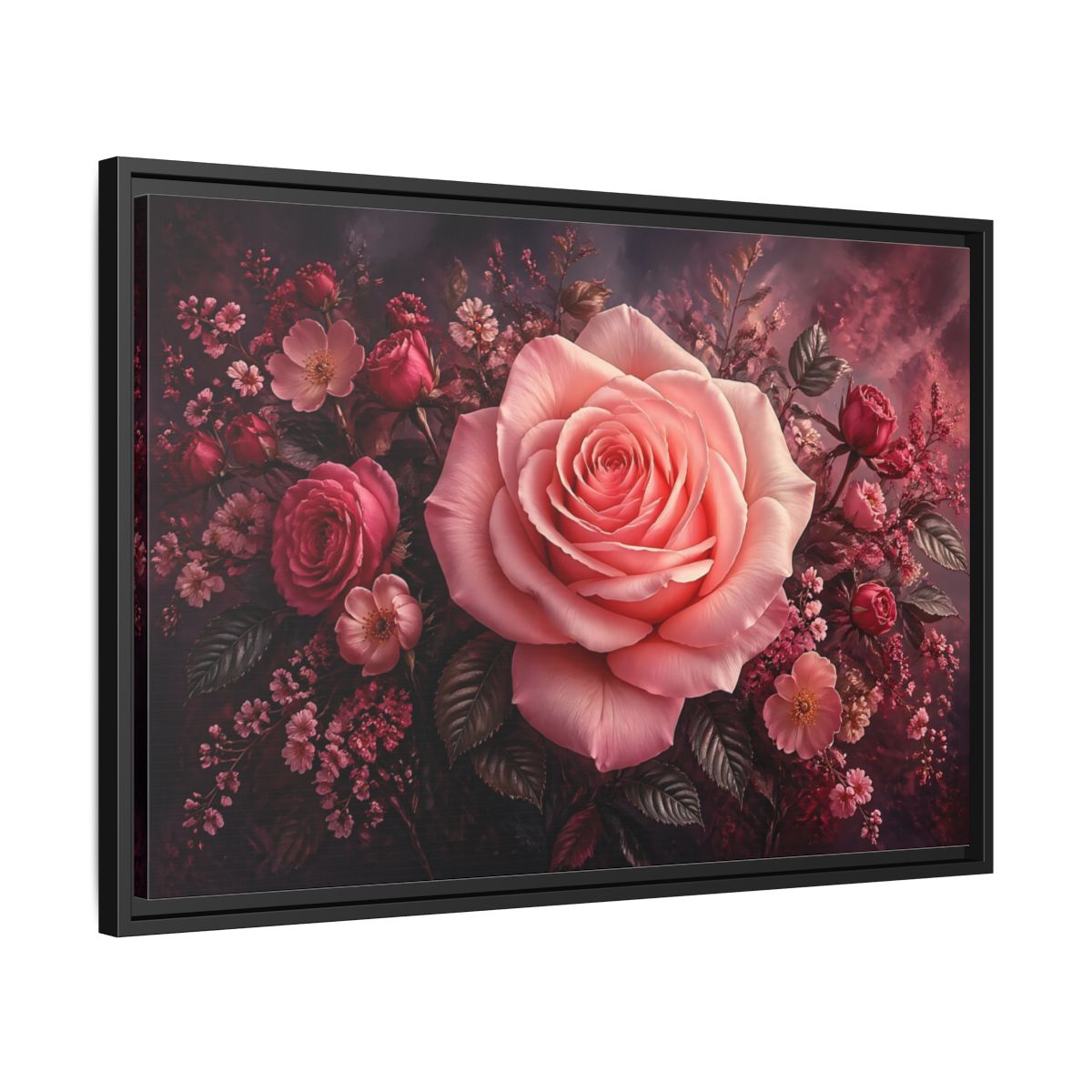 Side Mockup 14. Floral Pink Rose Pink Floral shown as stretched canvas wall art