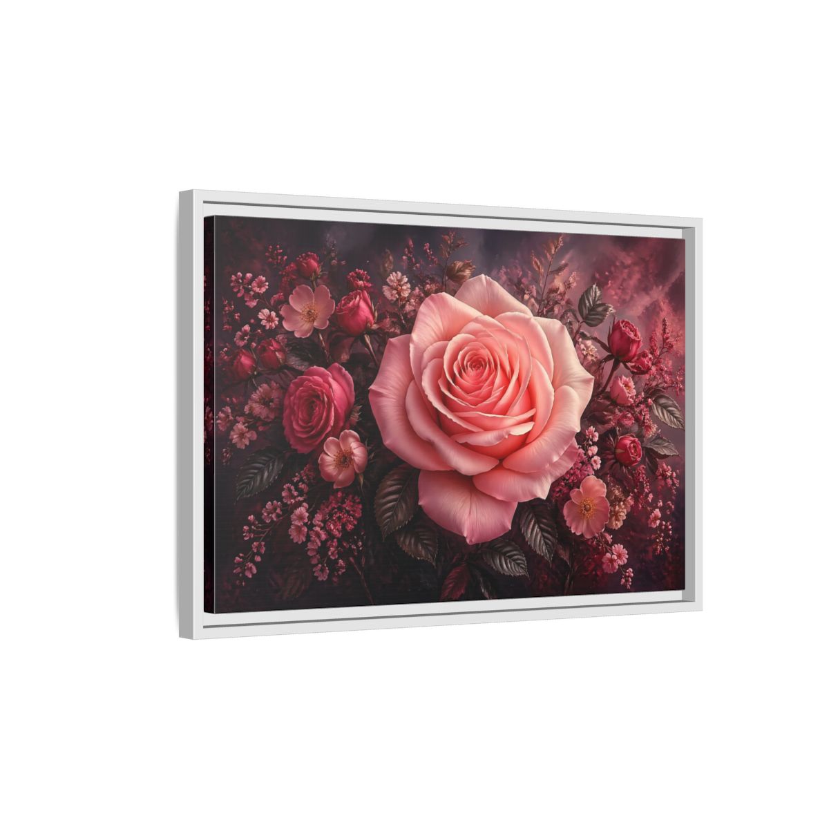 Side Mockup 1. Floral Pink Rose Pink Floral shown as stretched canvas wall art
