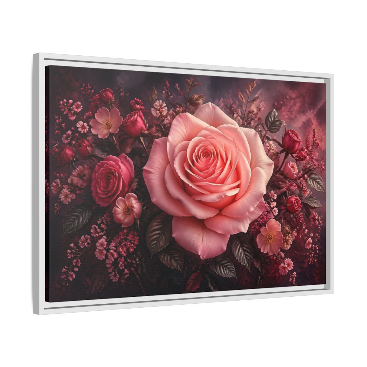 Side Mockup 10. Floral Pink Rose Pink Floral shown as stretched canvas wall art