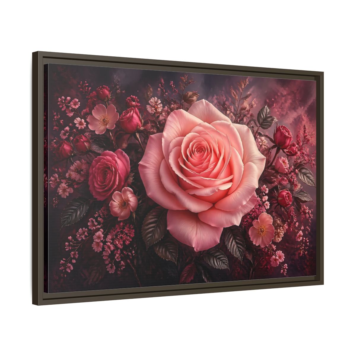 Side Mockup 11. Floral Pink Rose Pink Floral shown as stretched canvas wall art