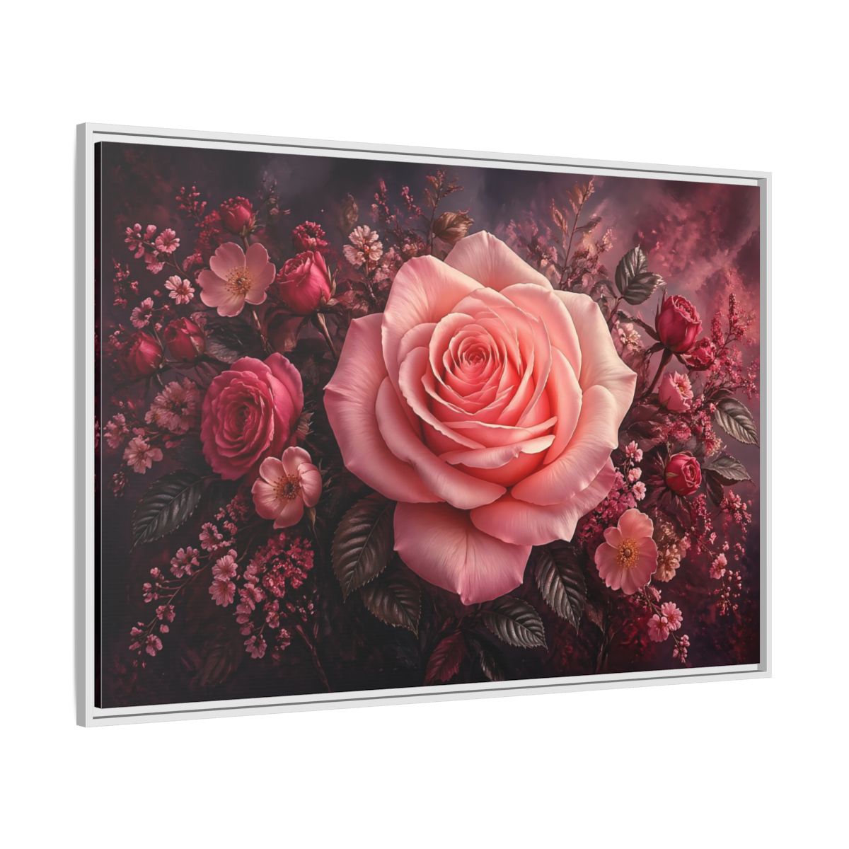 Side Mockup 7. Floral Pink Rose Pink Floral shown as stretched canvas wall art