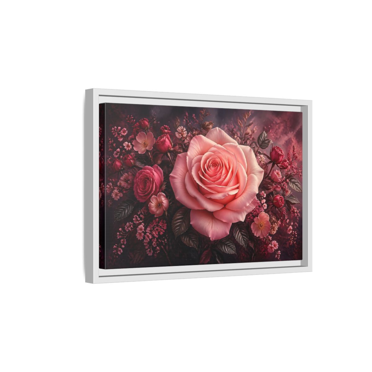 Side Mockup 4. Floral Pink Rose Pink Floral shown as stretched canvas wall art