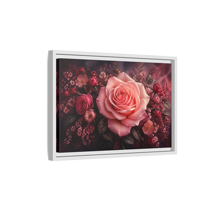 Side Mockup 4. Floral Pink Rose Pink Floral shown as stretched canvas wall art