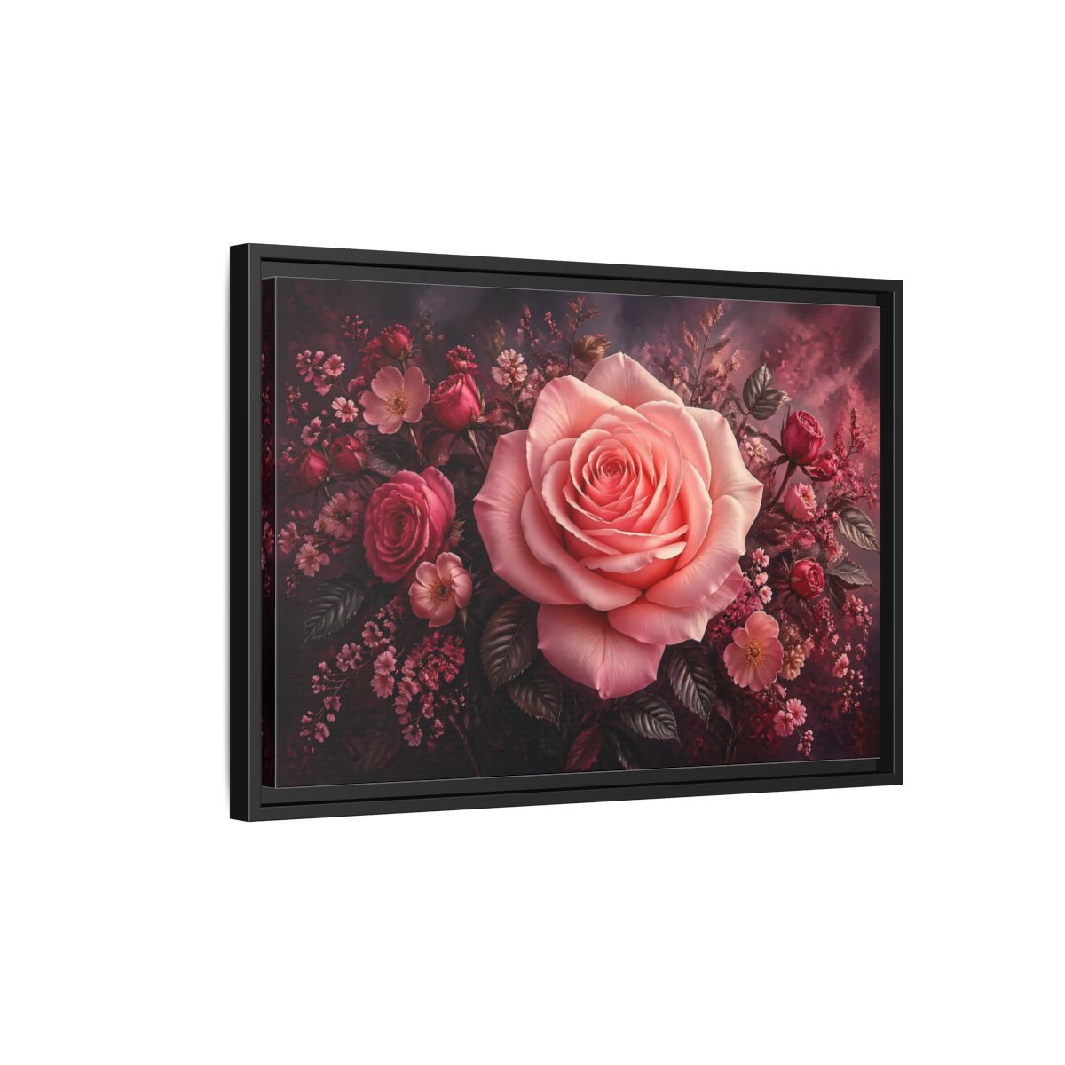 Side Mockup 3. Floral Pink Rose Pink Floral shown as stretched canvas wall art