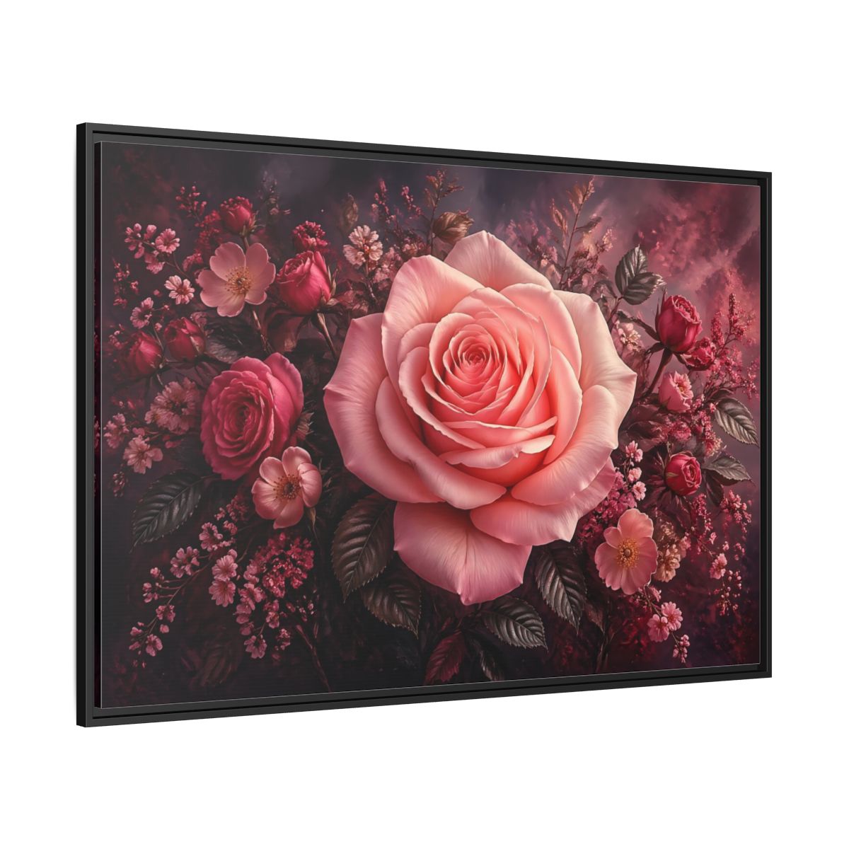 Side Mockup 12. Floral Pink Rose Pink Floral shown as stretched canvas wall art