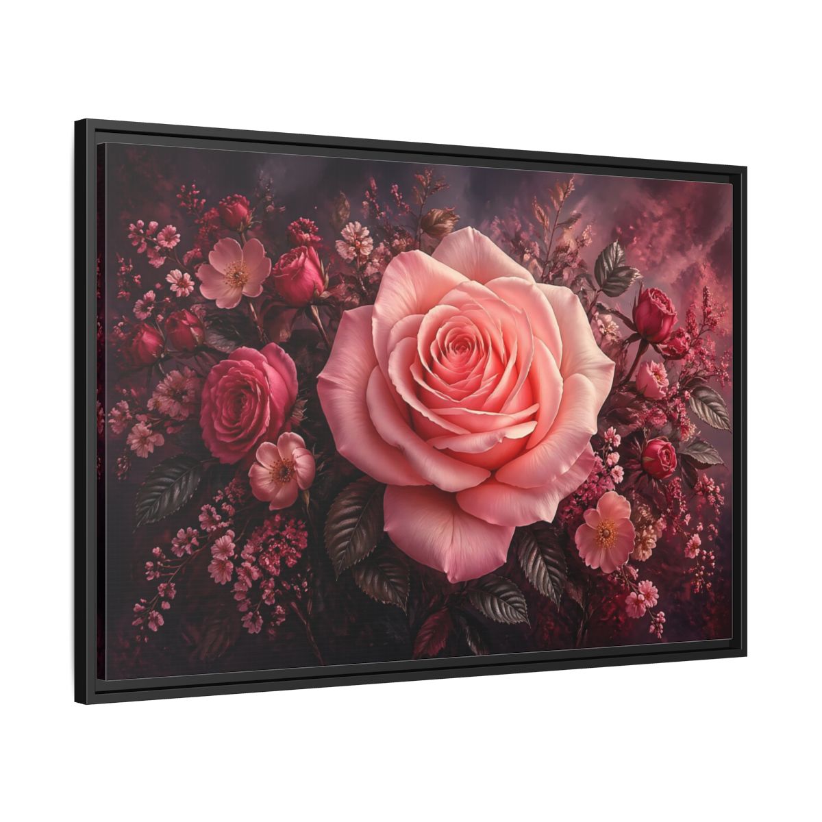 Side Mockup 13. Floral Pink Rose Pink Floral shown as stretched canvas wall art