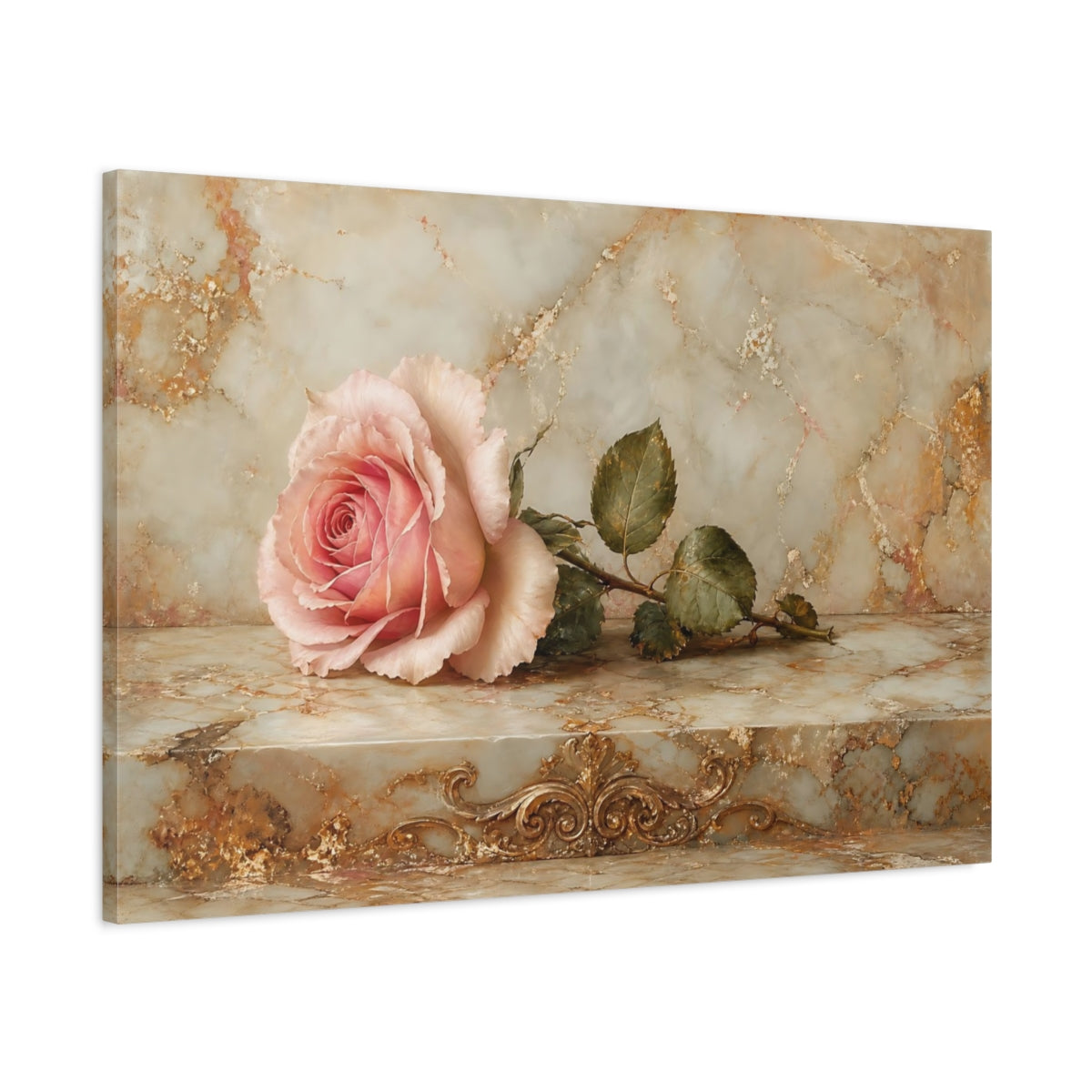 Main Mockup. Floral Pink Rose Pink And Gold shown as stretched canvas wall art