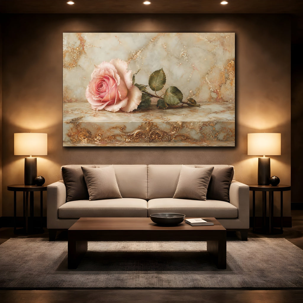 Mockup 2. Floral Pink Rose Pink And Gold shown as stretched canvas wall art