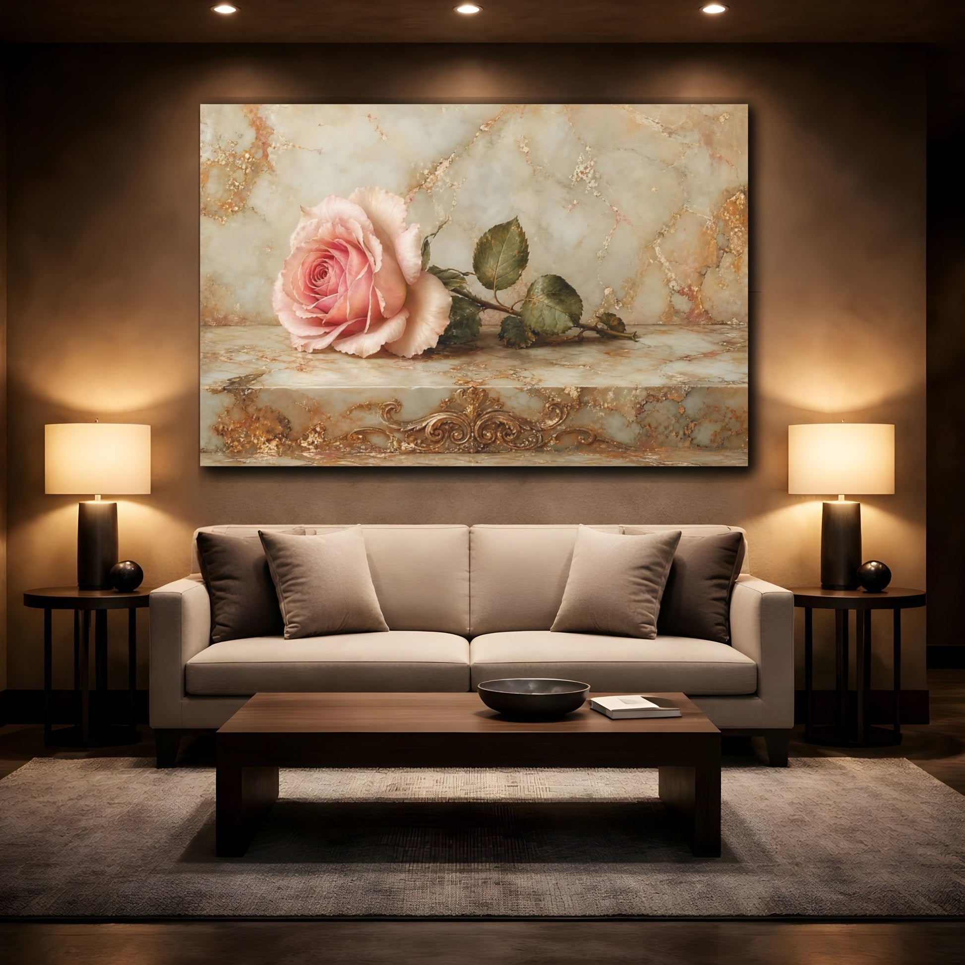 Mockup 2. Floral Pink Rose Pink And Gold shown as stretched canvas wall art