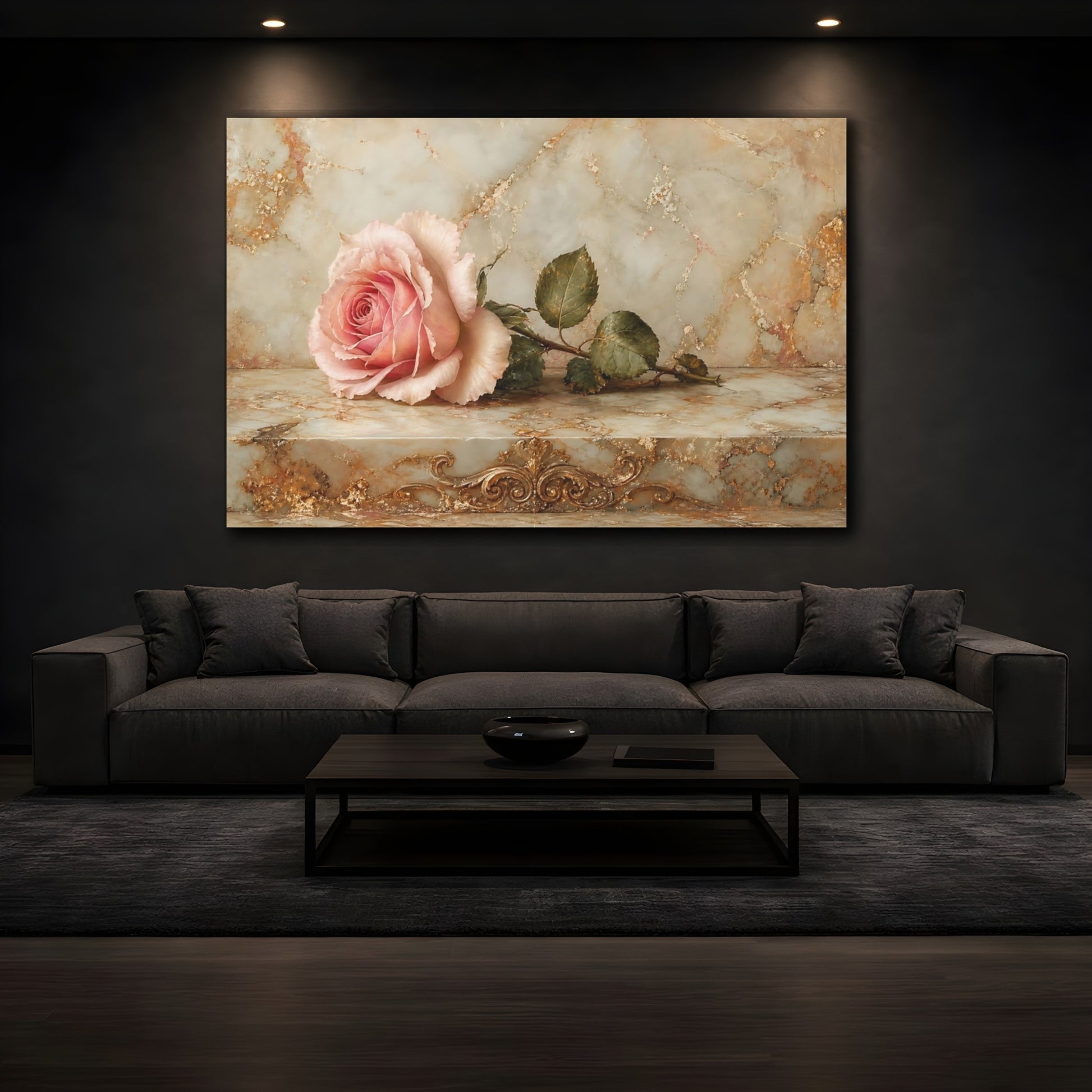 Mockup 3. Floral Pink Rose Pink And Gold shown as stretched canvas wall art