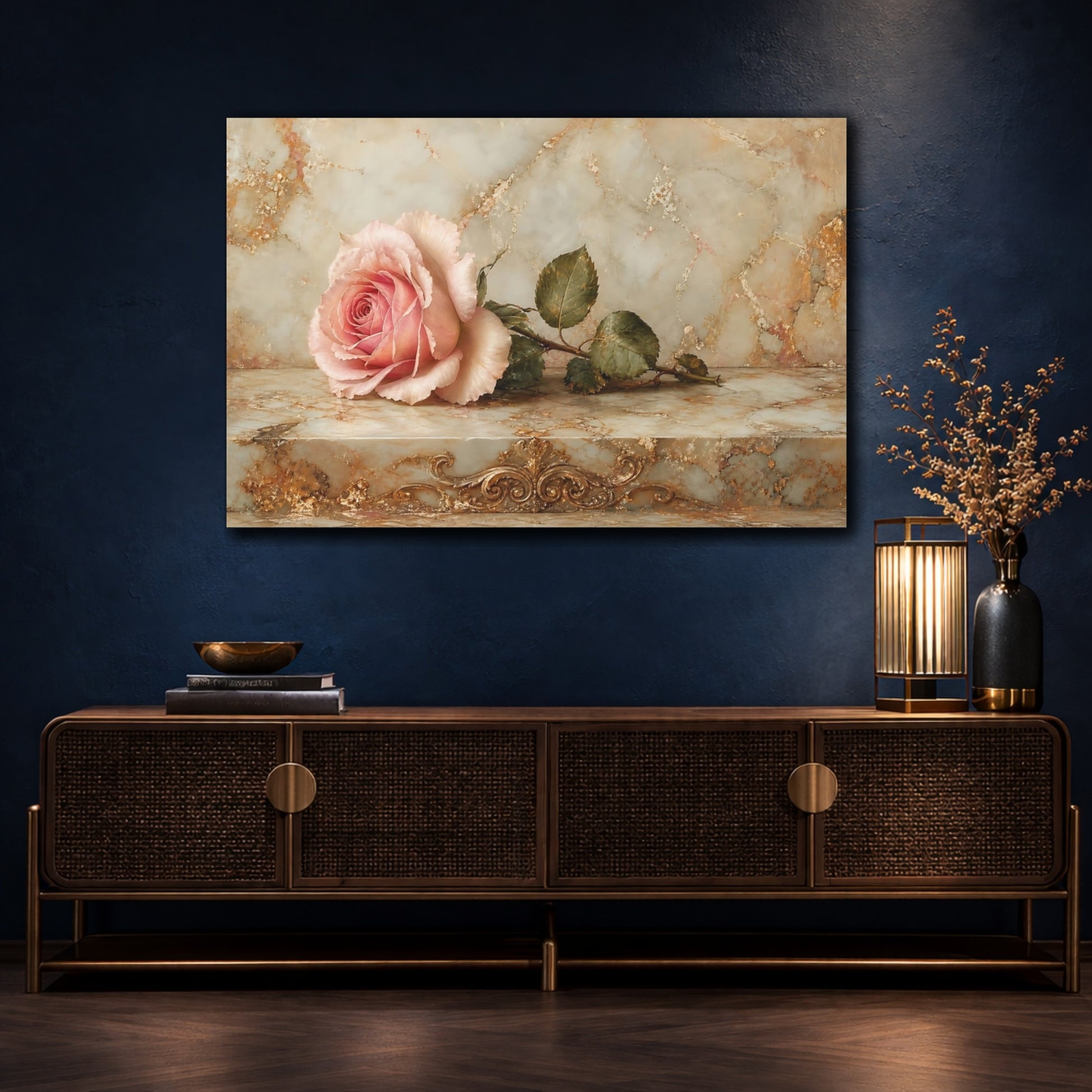 Mockup 4. Floral Pink Rose Pink And Gold shown as stretched canvas wall art