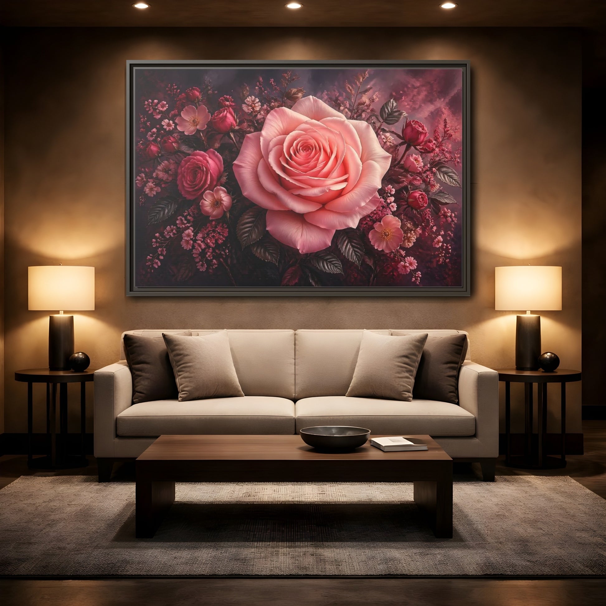 Mockup 2. Floral Pink Rose Pink Floral shown as stretched canvas wall art