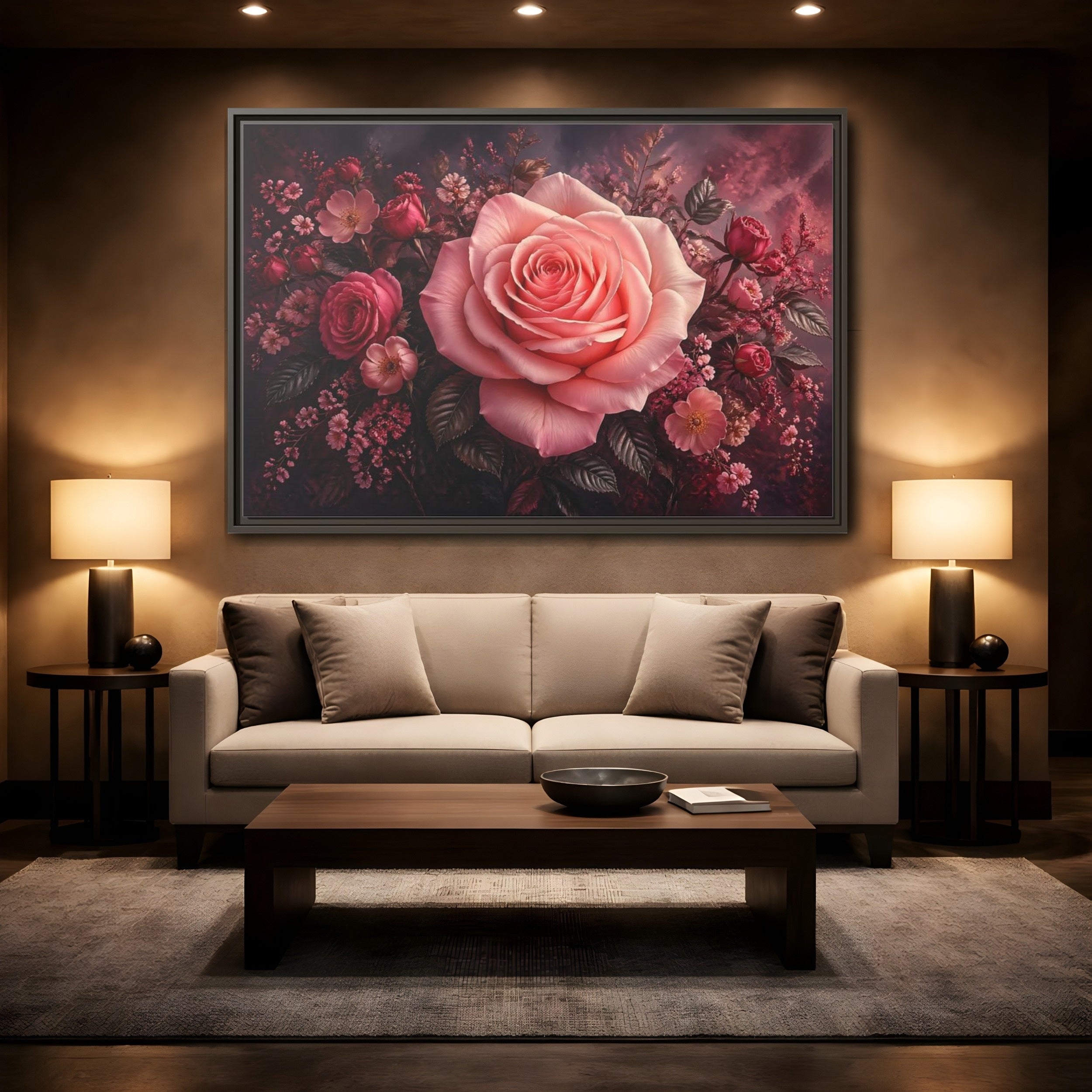 Mockup 2. Floral Pink Rose Pink Floral shown as stretched canvas wall art