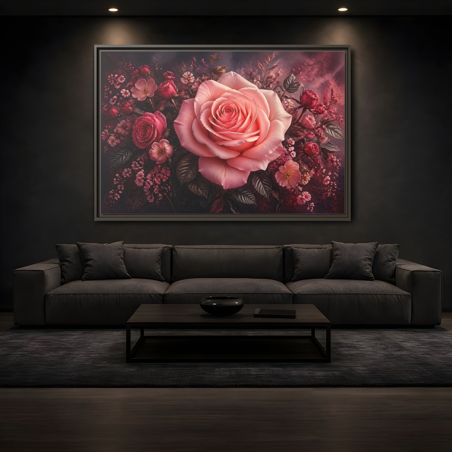 Mockup 3. Floral Pink Rose Pink Floral shown as stretched canvas wall art
