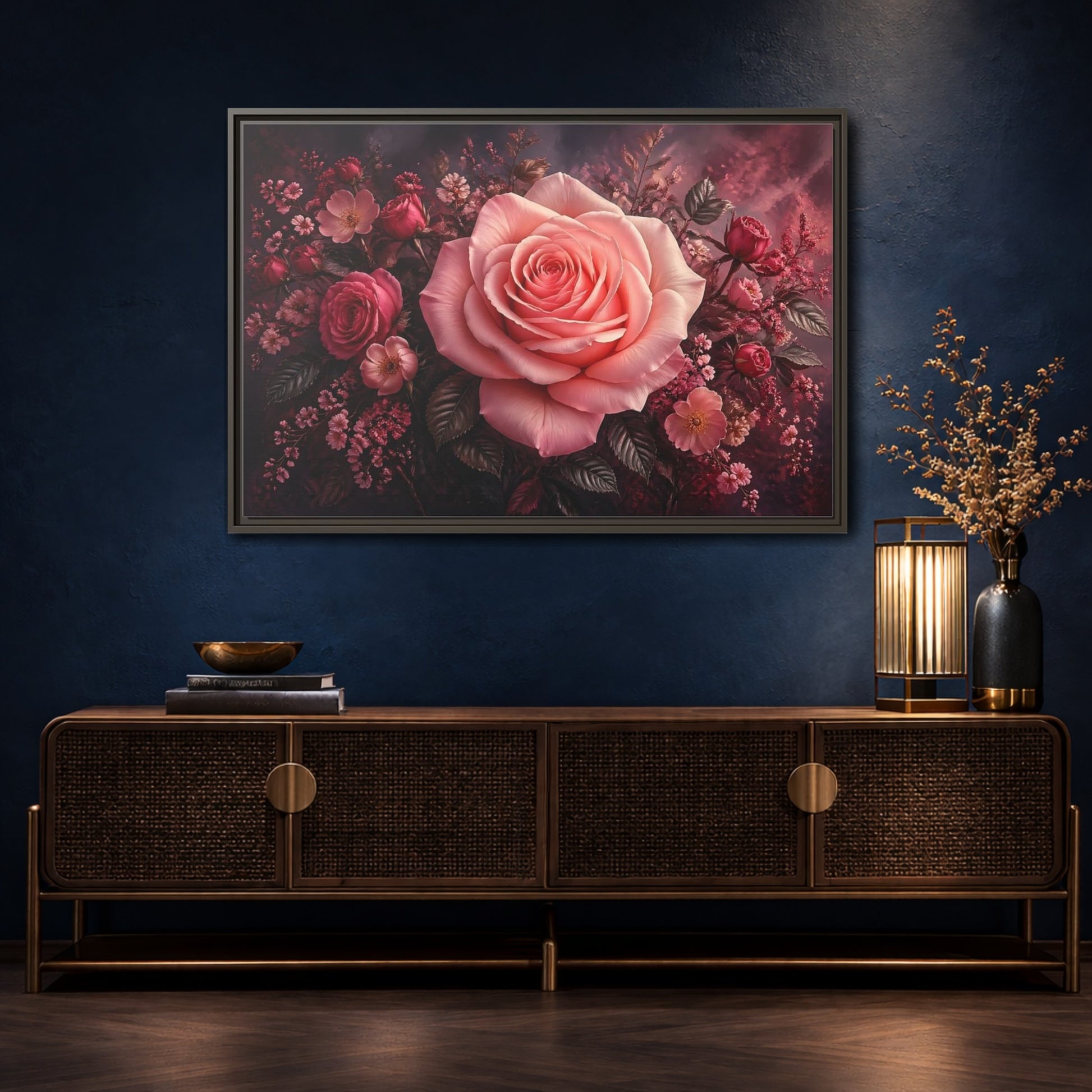 Mockup 4. Floral Pink Rose Pink Floral shown as stretched canvas wall art