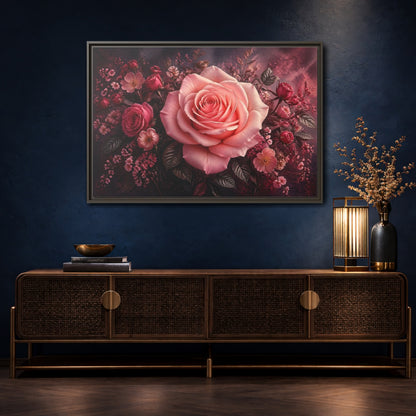 Mockup 4. Floral Pink Rose Pink Floral shown as stretched canvas wall art