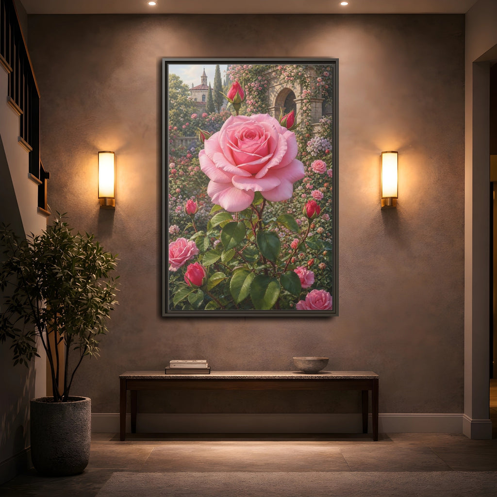 Mockup 2. Floral Pink Rose Pink Roses shown as stretched canvas wall art