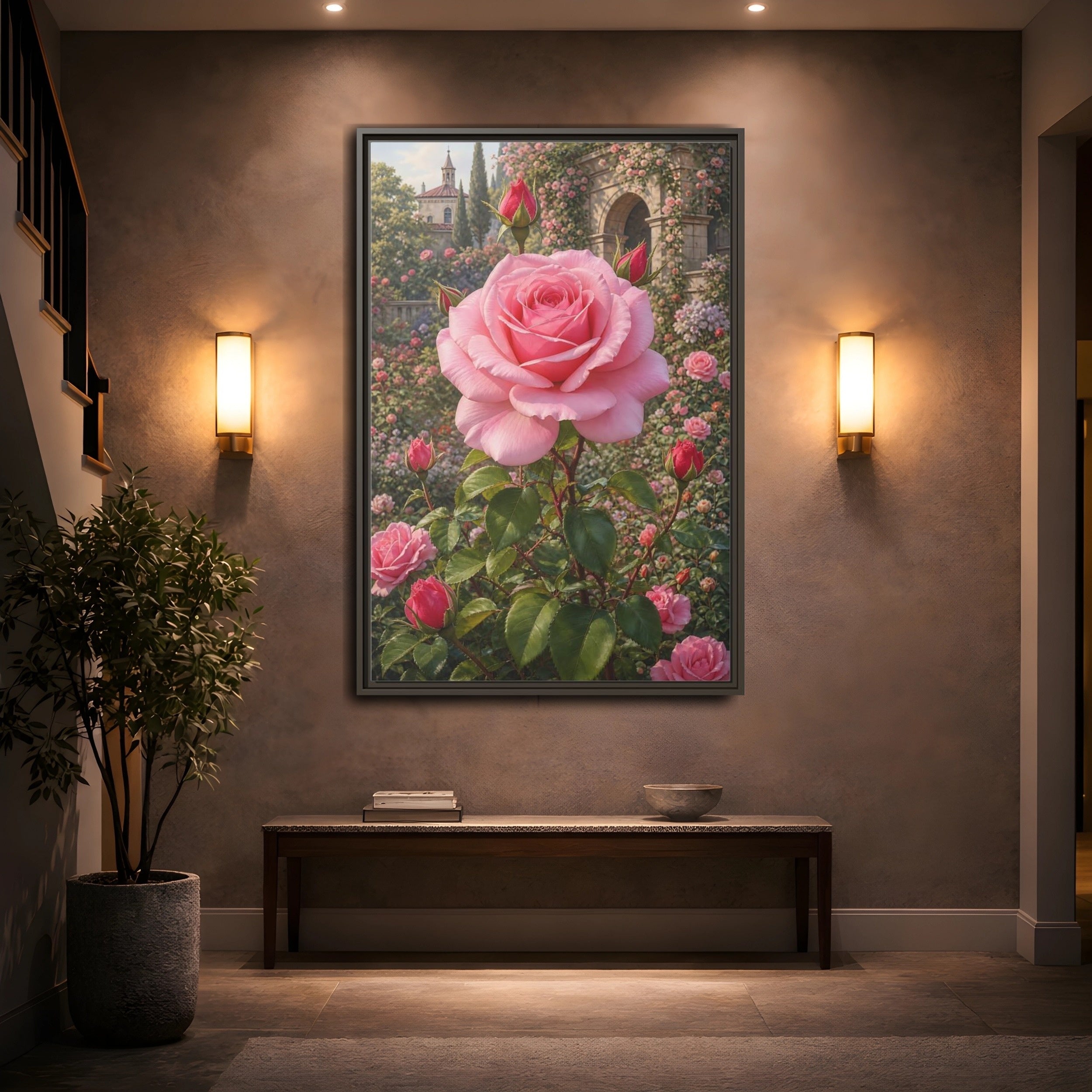 Mockup 2. Floral Pink Rose Pink Roses shown as stretched canvas wall art