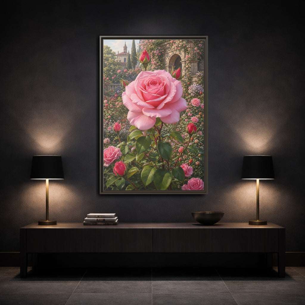 Mockup 3. Floral Pink Rose Pink Roses shown as stretched canvas wall art