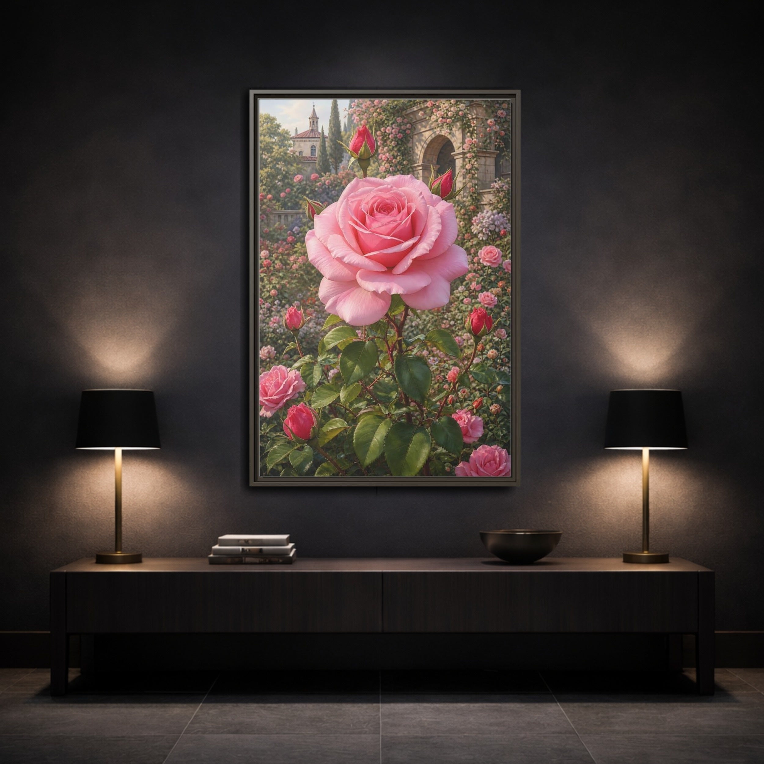 Mockup 3. Floral Pink Rose Pink Roses shown as stretched canvas wall art