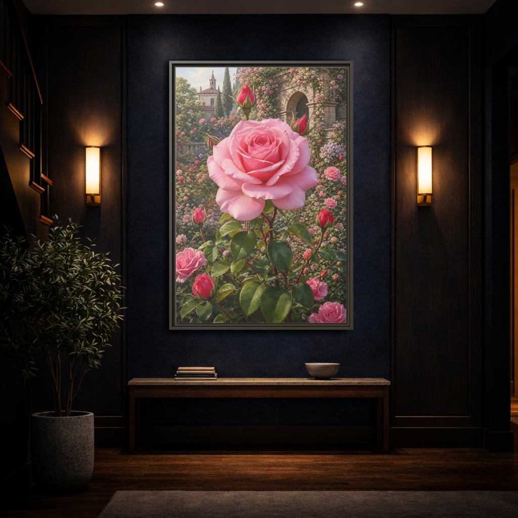 Mockup 4. Floral Pink Rose Pink Roses shown as stretched canvas wall art