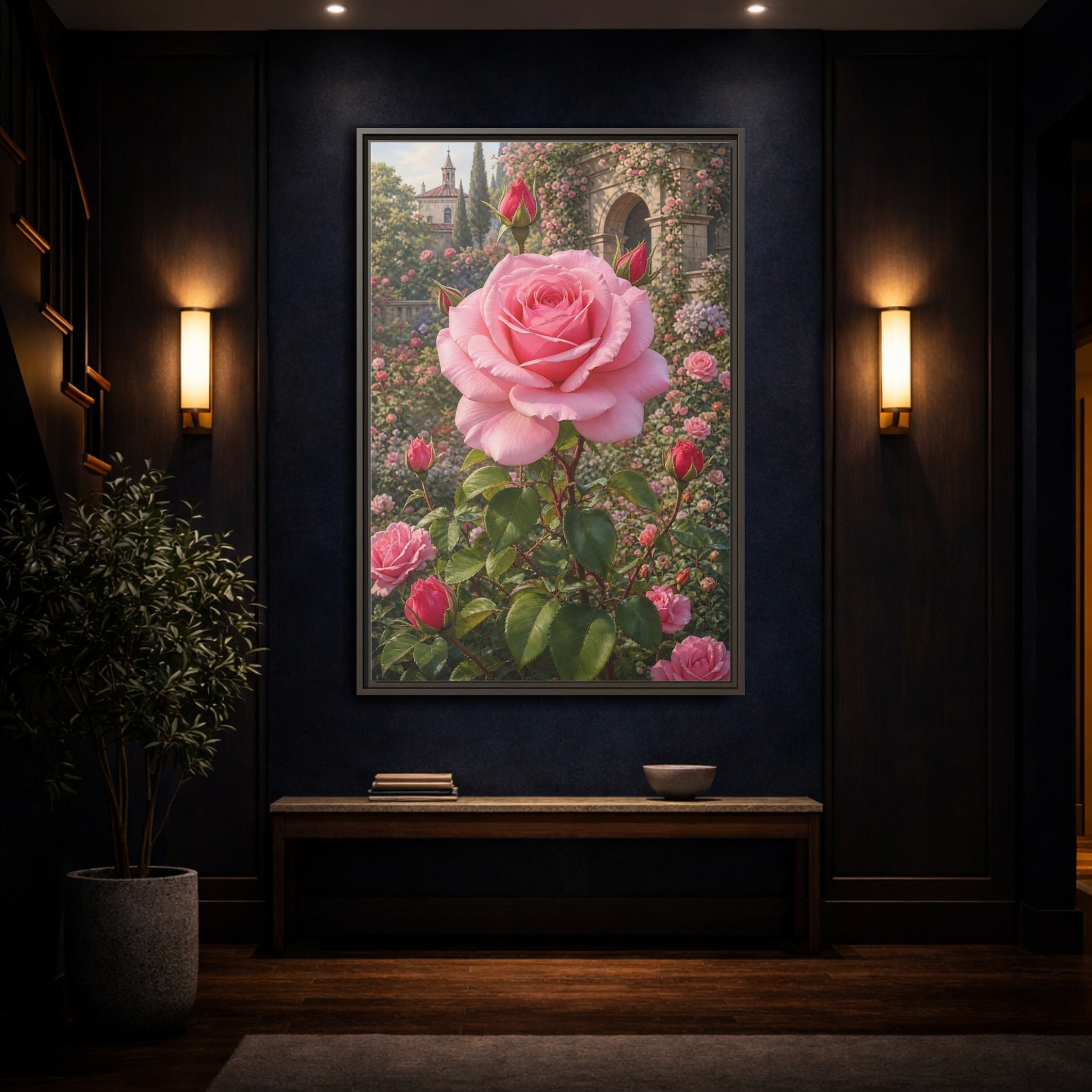 Mockup 4. Floral Pink Rose Pink Roses shown as stretched canvas wall art