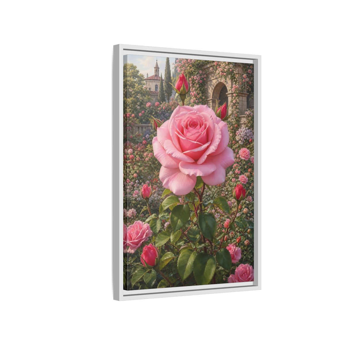 Pink Rose Garden Gallery-Wrapped Canvas Wall Art Print - Romantic Living Room Wall Decor shown as canvas wall art