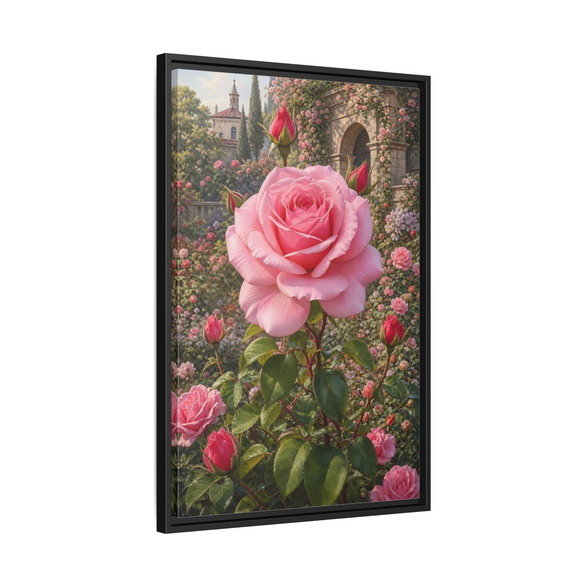 Pink Rose Garden Gallery-Wrapped Canvas Wall Art Print - Romantic Living Room Wall Decor shown as canvas wall art