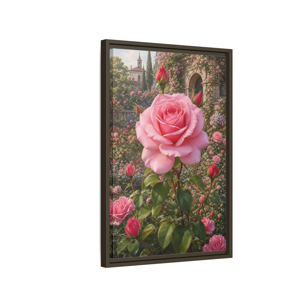 Pink Rose Garden Gallery-Wrapped Canvas Wall Art Print - Romantic Living Room Wall Decor shown as canvas wall art