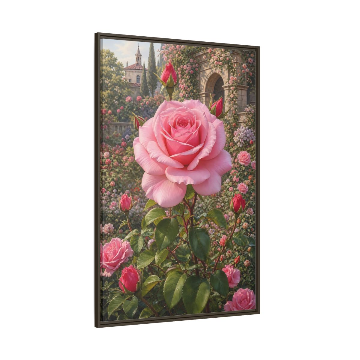 Pink Rose Garden Gallery-Wrapped Canvas Wall Art Print - Romantic Living Room Wall Decor shown as canvas wall art