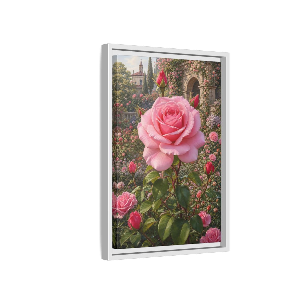 Pink Rose Garden Gallery-Wrapped Canvas Wall Art Print - Romantic Living Room Wall Decor shown as canvas wall art