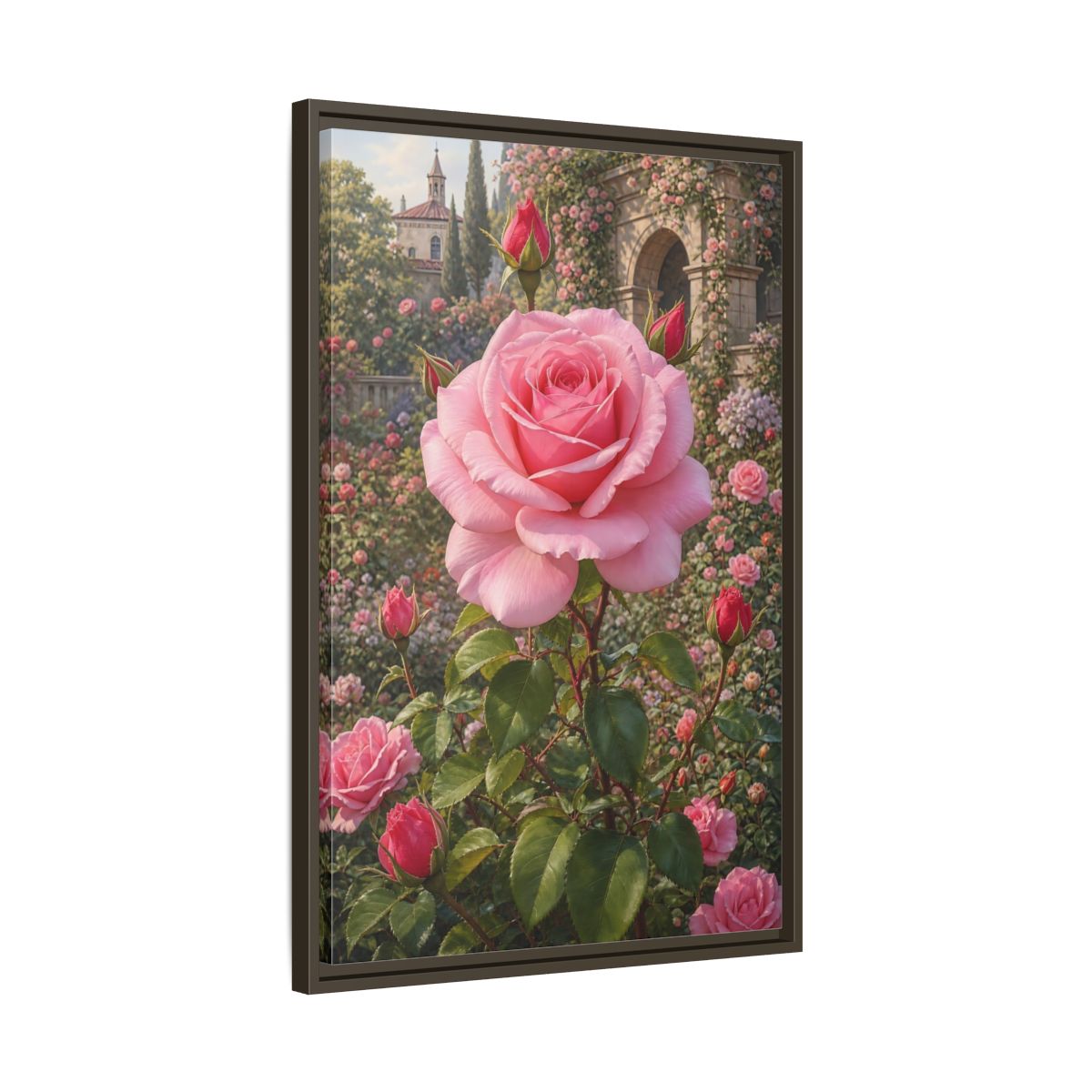 Pink Rose Garden Gallery-Wrapped Canvas Wall Art Print - Romantic Living Room Wall Decor shown as canvas wall art