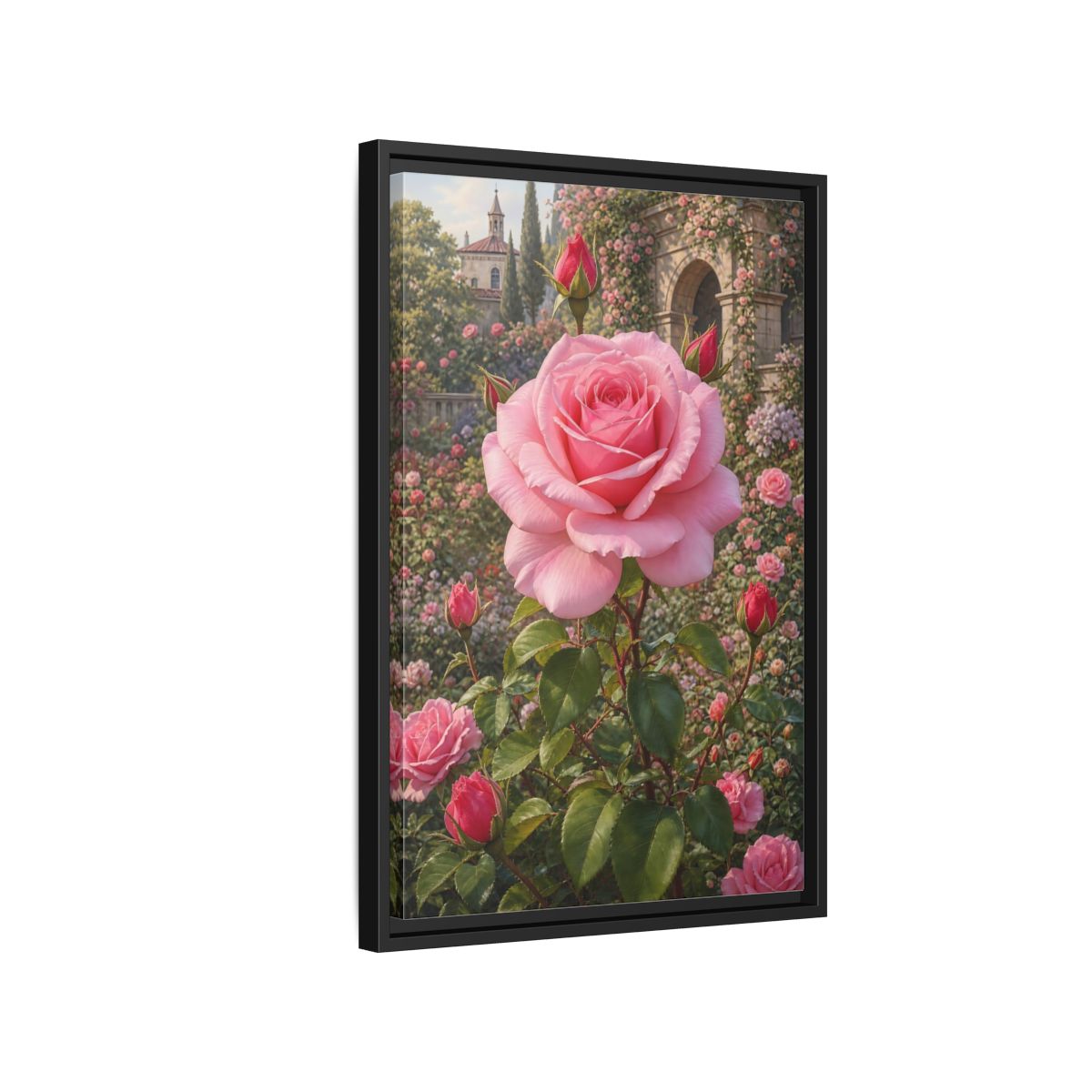 Pink Rose Garden Gallery-Wrapped Canvas Wall Art Print - Romantic Living Room Wall Decor shown as canvas wall art