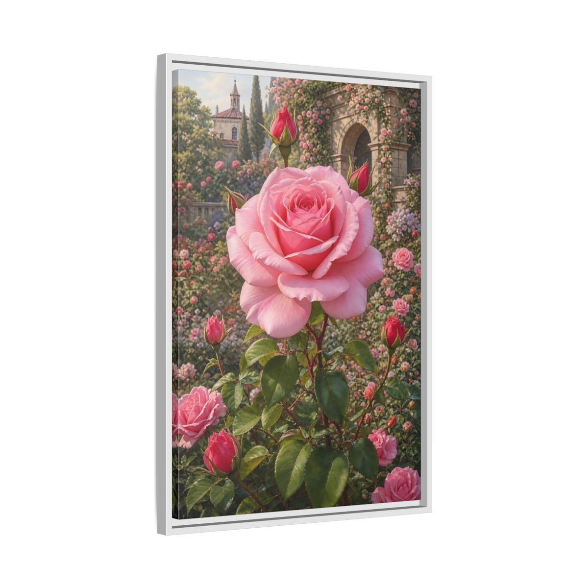 Pink Rose Garden Gallery-Wrapped Canvas Wall Art Print - Romantic Living Room Wall Decor shown as canvas wall art