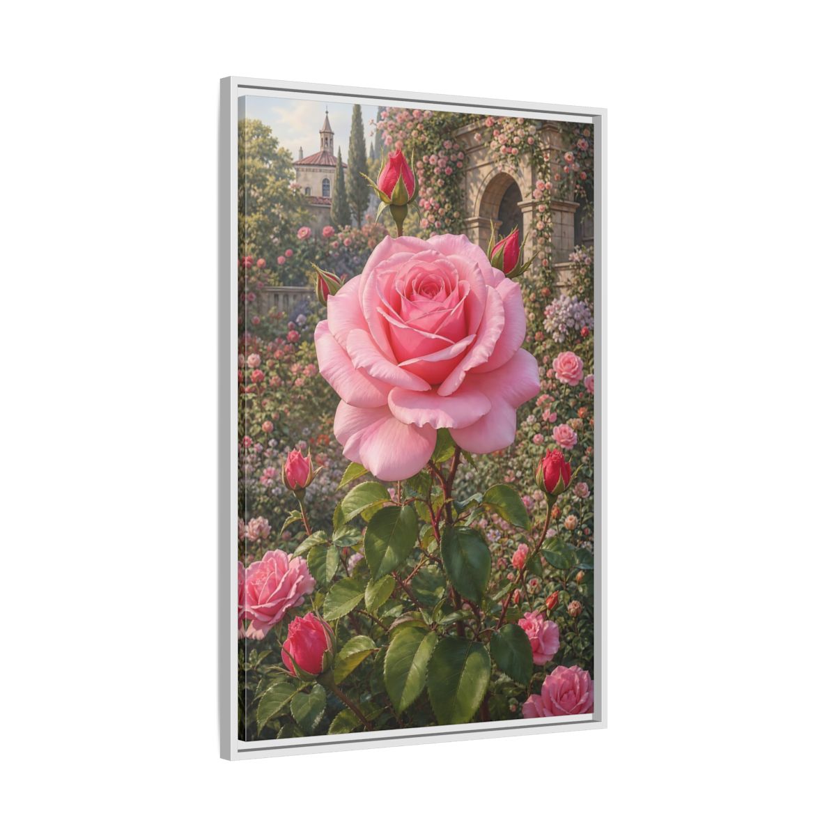 Pink Rose Garden Gallery-Wrapped Canvas Wall Art Print - Romantic Living Room Wall Decor shown as canvas wall art