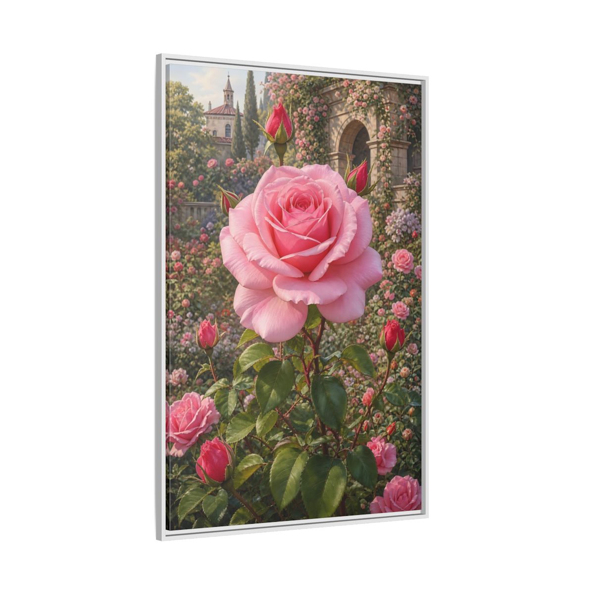 Pink Rose Garden Gallery-Wrapped Canvas Wall Art Print - Romantic Living Room Wall Decor shown as canvas wall art