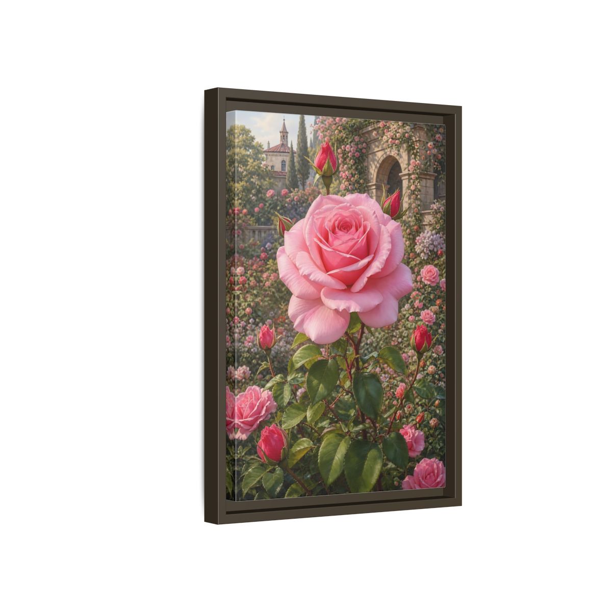 Pink Rose Garden Gallery-Wrapped Canvas Wall Art Print - Romantic Living Room Wall Decor shown as canvas wall art