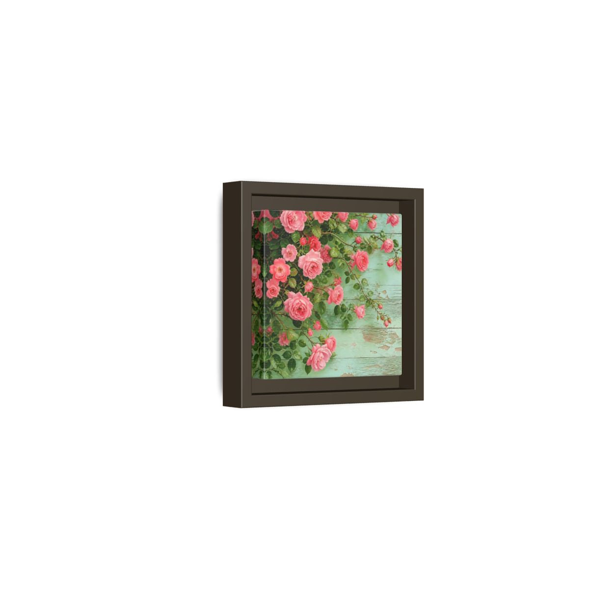 Side Mockup 23. Floral Pink Roses Pink And Green Roses shown as stretched canvas wall art