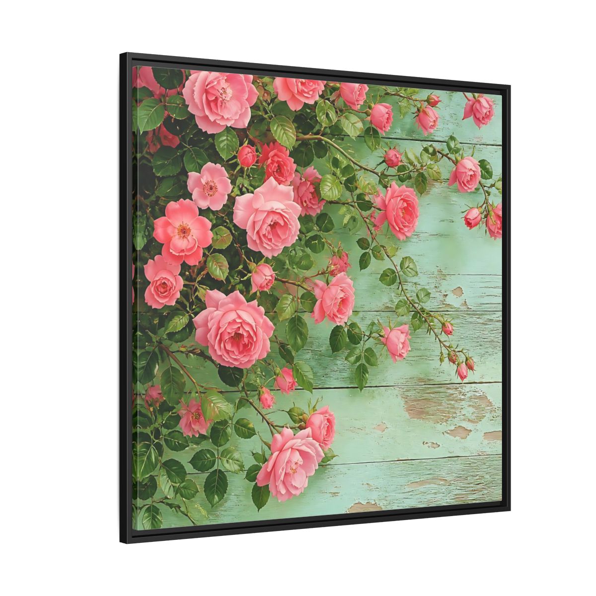 Side Mockup 6. Floral Pink Roses Pink And Green Roses shown as stretched canvas wall art