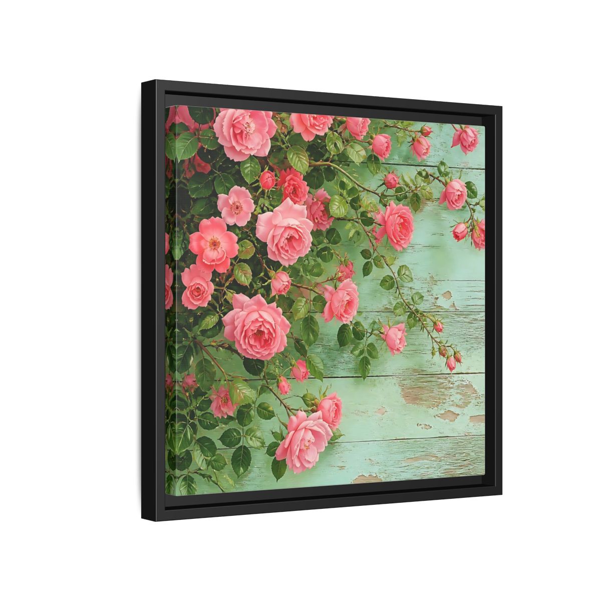 Side Mockup 15. Floral Pink Roses Pink And Green Roses shown as stretched canvas wall art