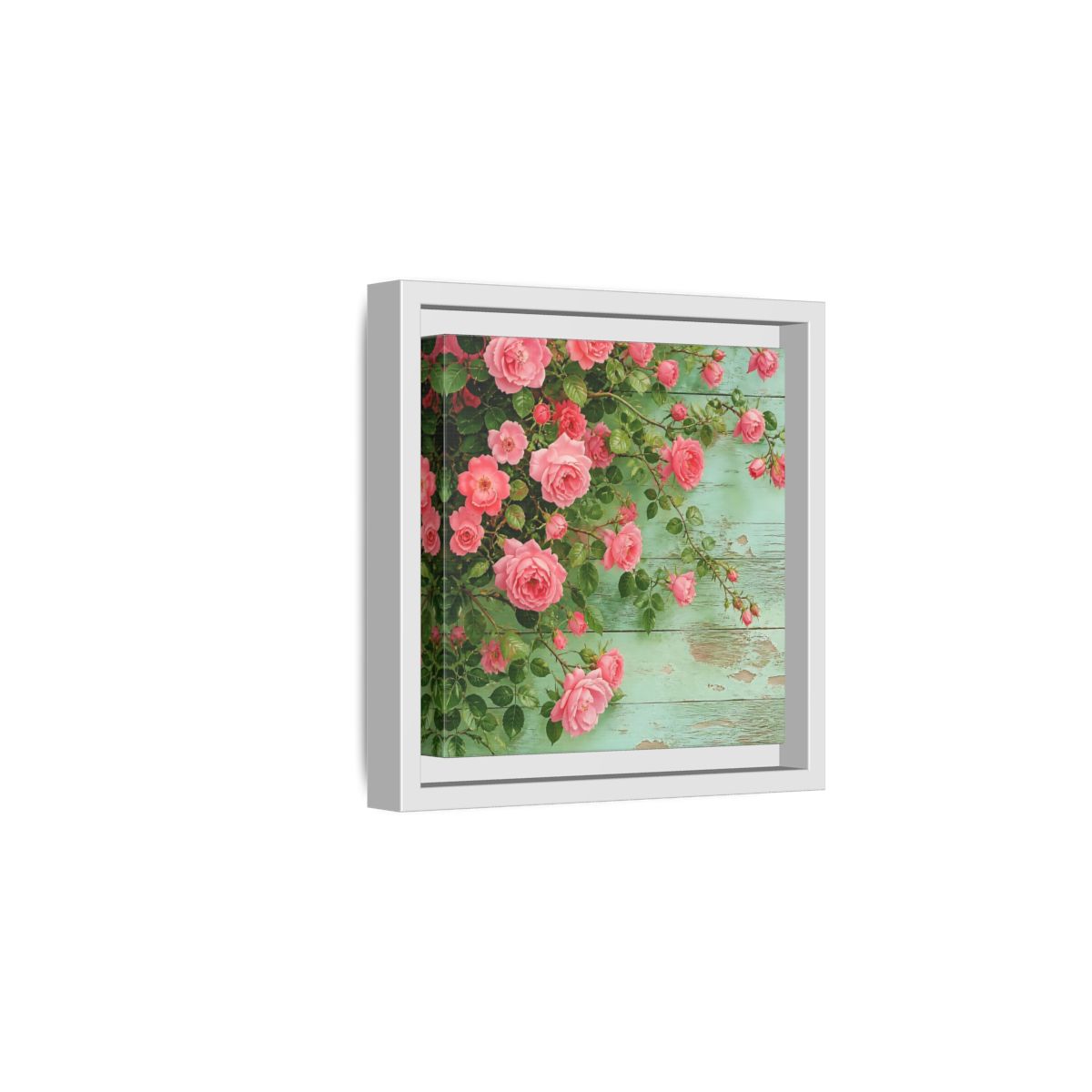 Side Mockup 1. Floral Pink Roses Pink And Green Roses shown as stretched canvas wall art