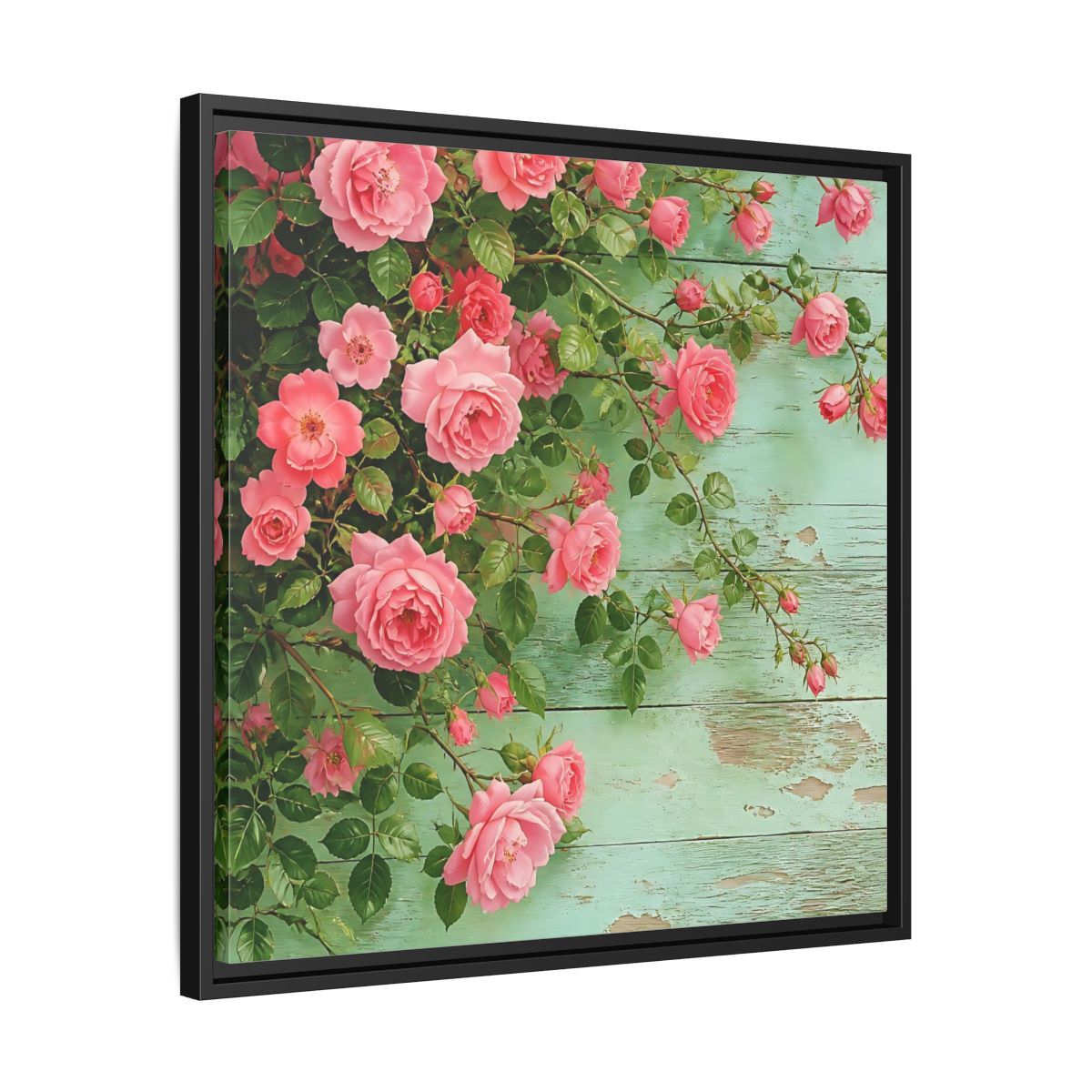 Side Mockup 31. Floral Pink Roses Pink And Green Roses shown as stretched canvas wall art