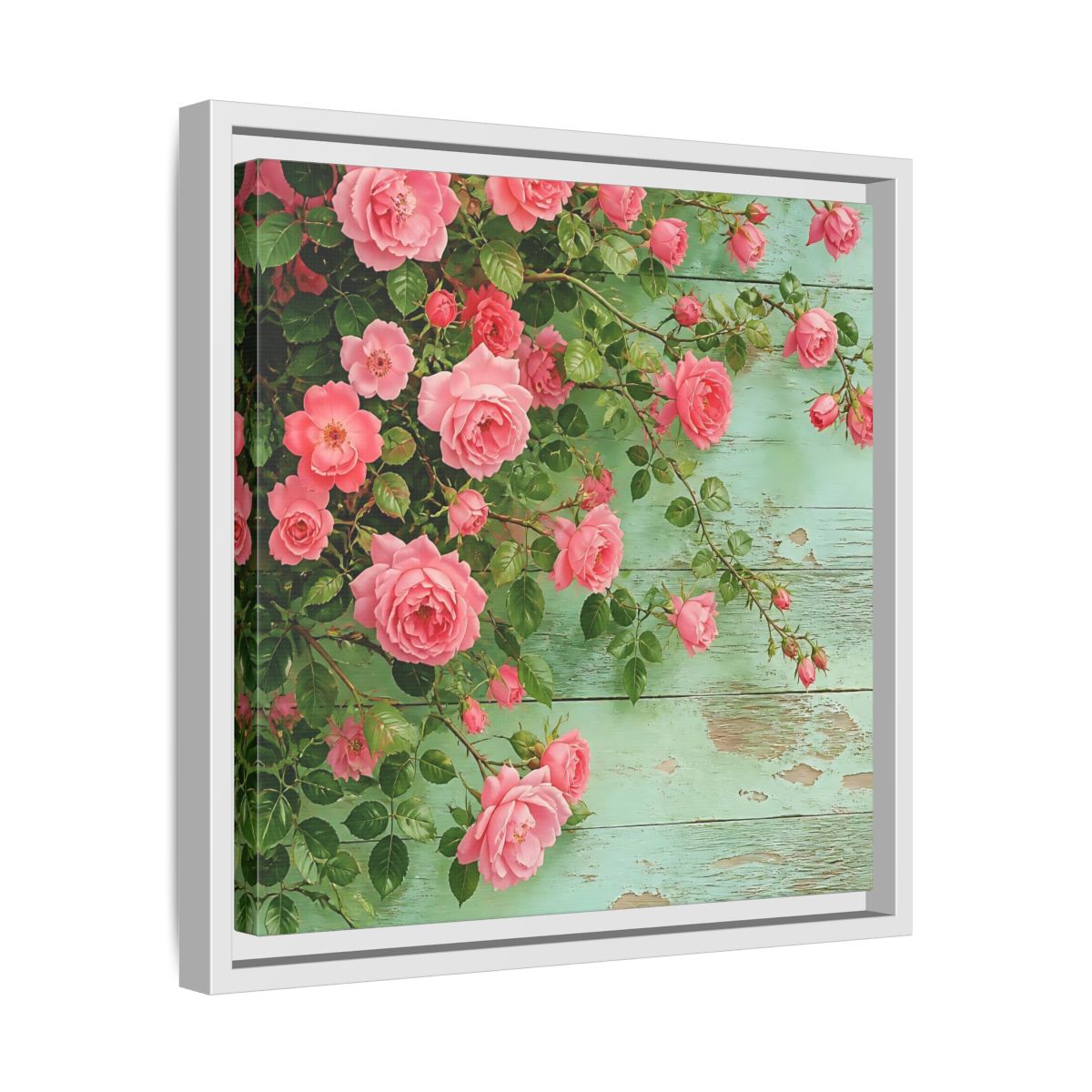 Side Mockup 28. Floral Pink Roses Pink And Green Roses shown as stretched canvas wall art
