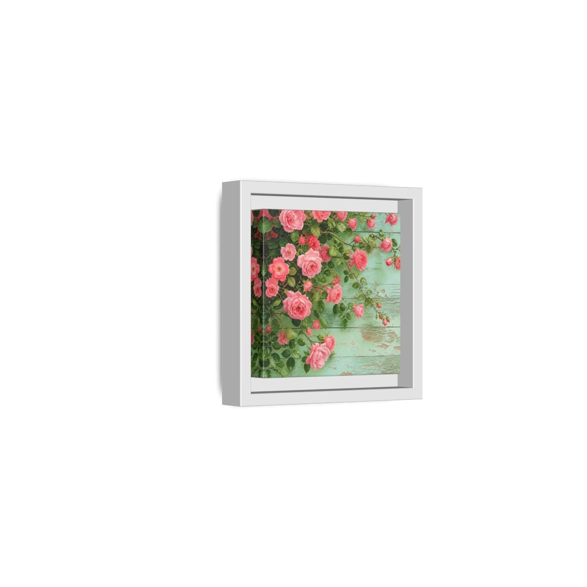 Side Mockup 22. Floral Pink Roses Pink And Green Roses shown as stretched canvas wall art