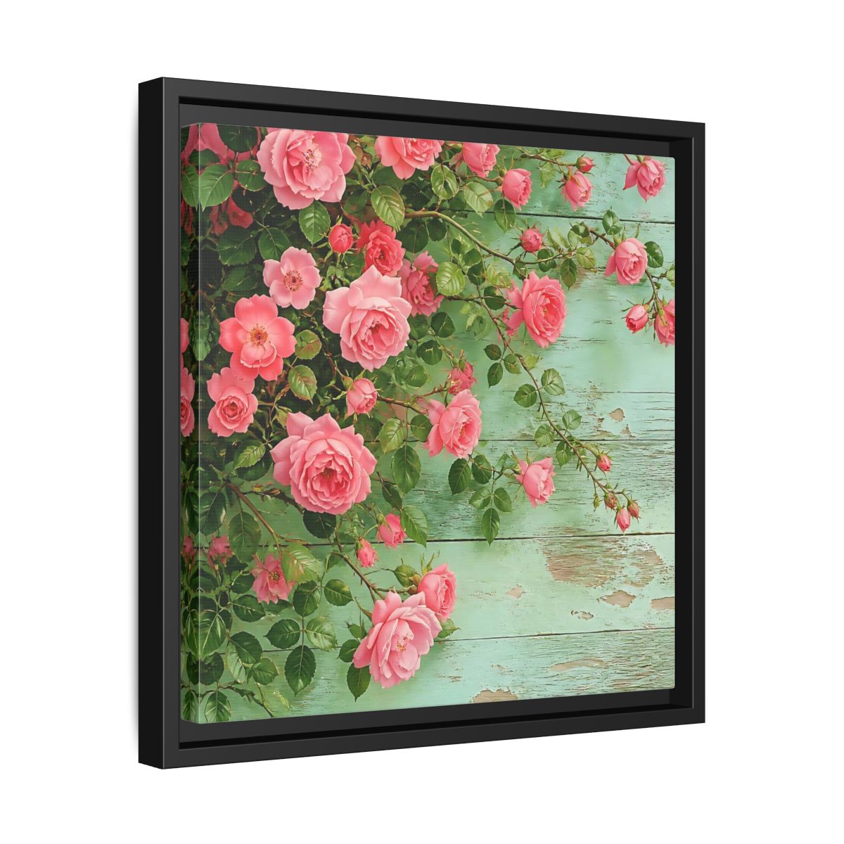 Side Mockup 32. Floral Pink Roses Pink And Green Roses shown as stretched canvas wall art