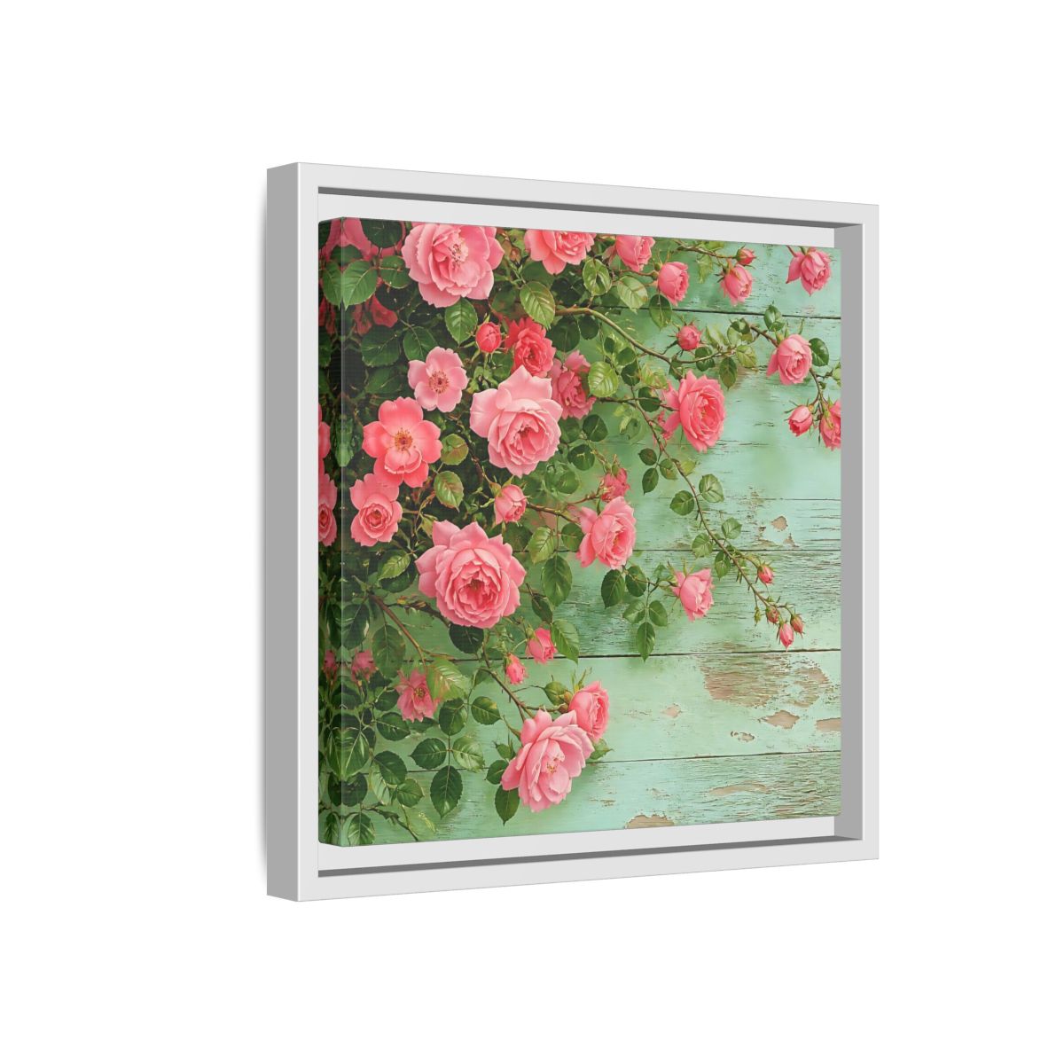 Side Mockup 16. Floral Pink Roses Pink And Green Roses shown as stretched canvas wall art