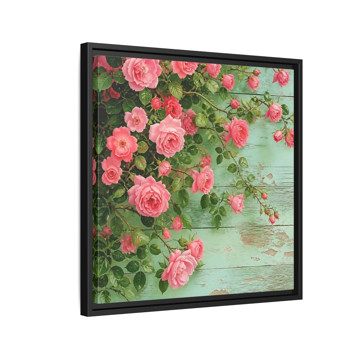 Side Mockup 12. Floral Pink Roses Pink And Green Roses shown as stretched canvas wall art