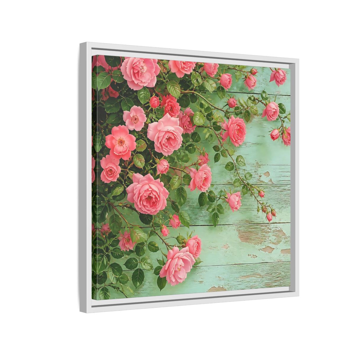 Side Mockup 10. Floral Pink Roses Pink And Green Roses shown as stretched canvas wall art